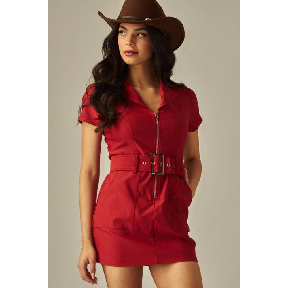 Belted Stretch Cotton Twill Western Mini Dress